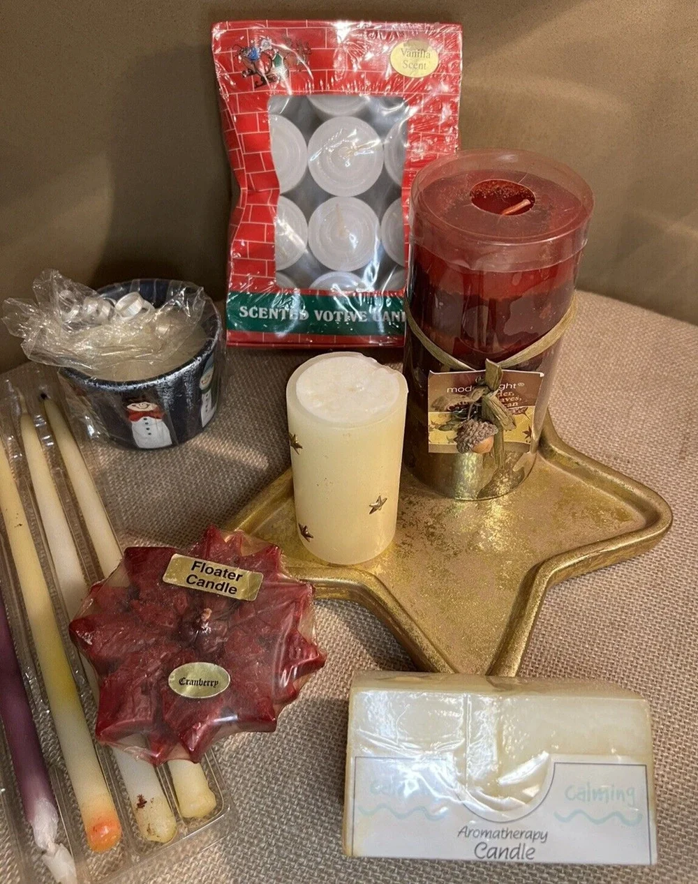 Lot of 8 VINTAGE Assorted Candles and Gold Candle Plate